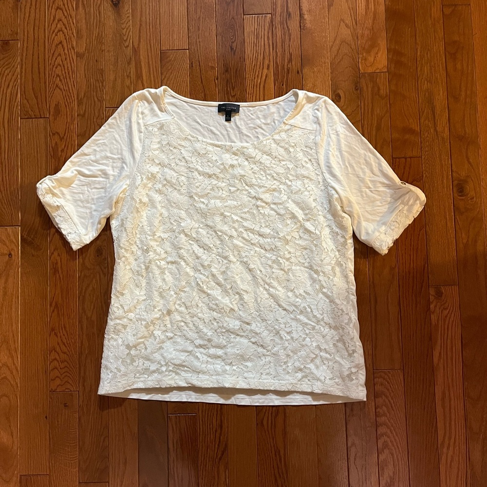 White Tee Blouse Lace The Limited Women Size L